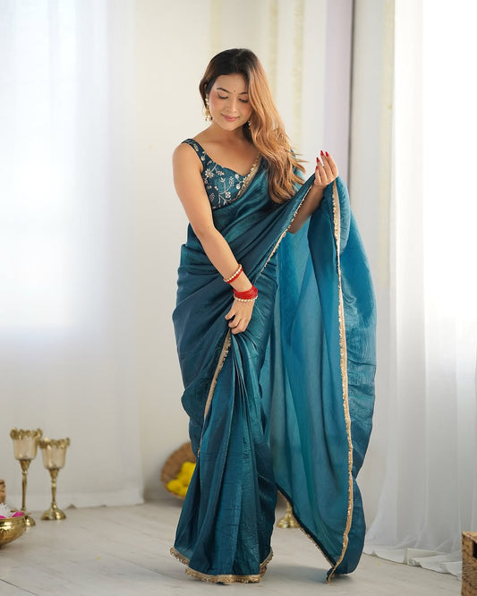 Teal Blue Ready-to-Wear Saree with Embroidered Designer Blouse