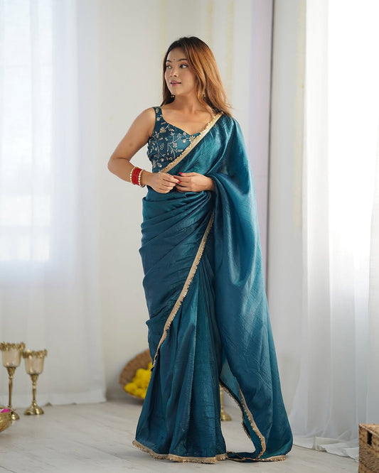 Teal Blue Ready-to-Wear Saree with Embroidered Designer Blouse