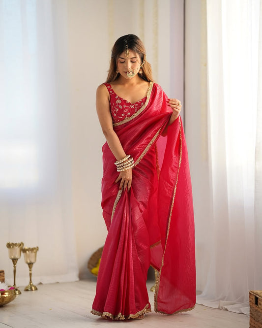Rani Pink Ready-to-Wear Saree with Embroidered Designer Blouse
