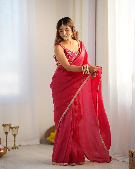 Rani Pink Ready-to-Wear Saree with Embroidered Designer Blouse