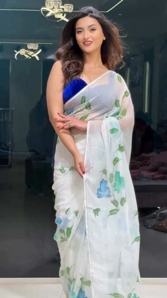 Luxury Ivory Organza Saree with Blue Floral Artwork & Stitched Designer Blouse