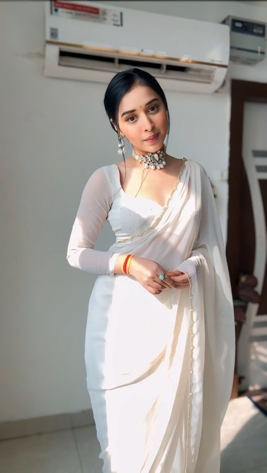 Luxury White Ready-to-Wear Saree with Stitched Blouse