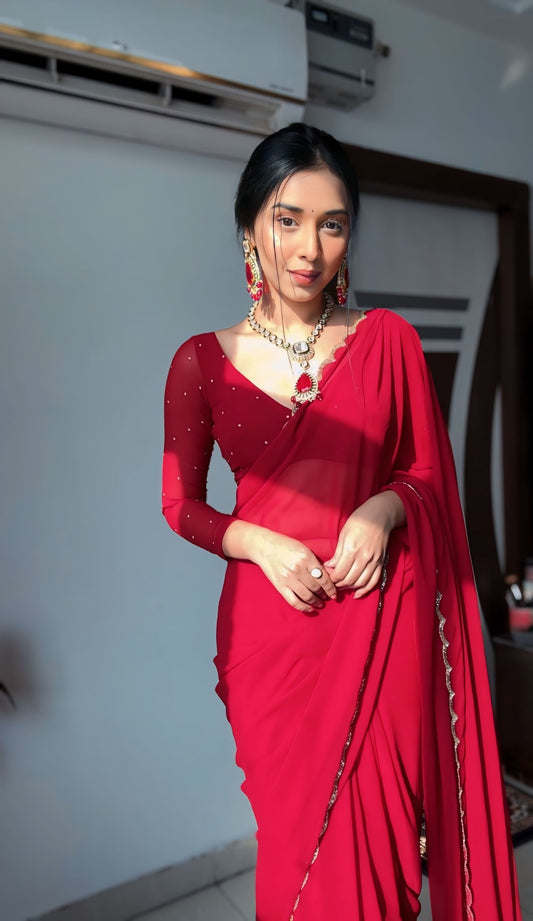 Ruby Red Ready-to-Wear Saree with Stitched Designer Blouse