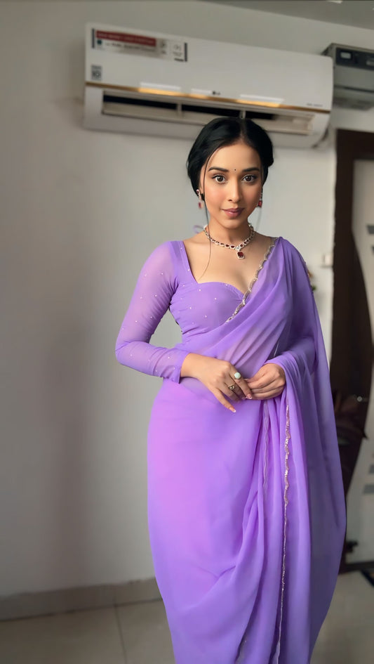 Lavender Luxe Ready-to-Wear Saree with Stitched Designer Blouse