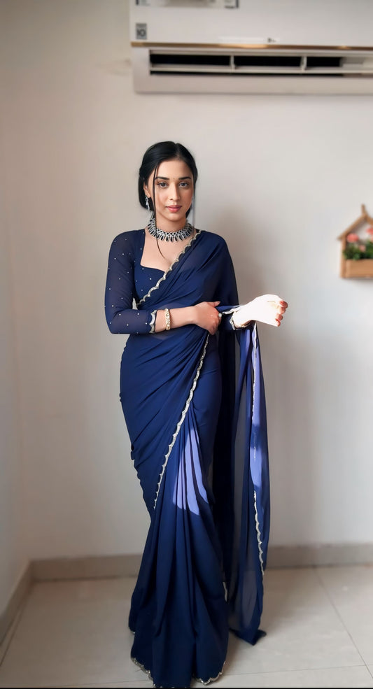 Midnight Navy Ready-to-Wear Saree with Stitched Designer Blouse