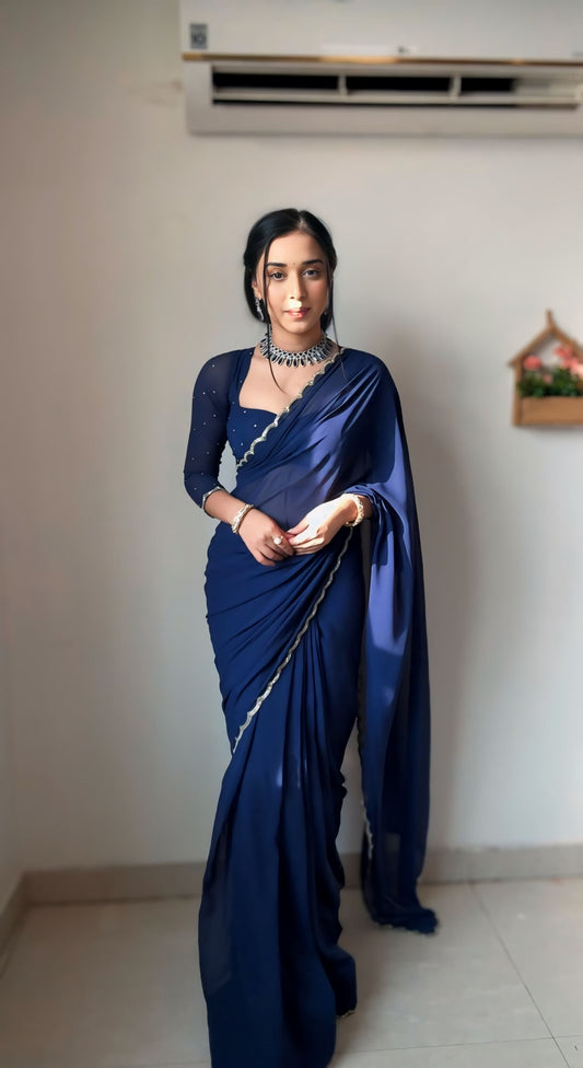 Midnight Navy Ready-to-Wear Saree with Stitched Designer Blouse