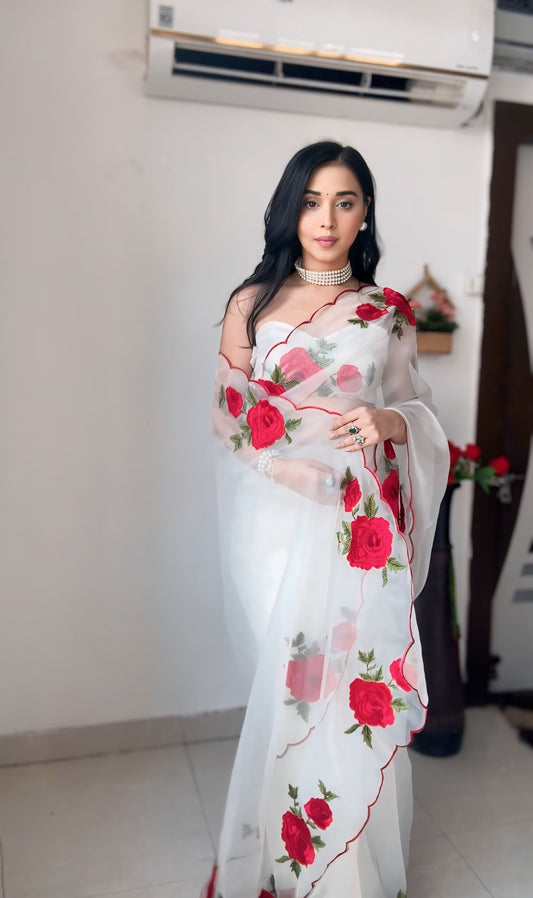 Rose Blossom Organza Ready-to-Wear Saree with Unstitched Blouse