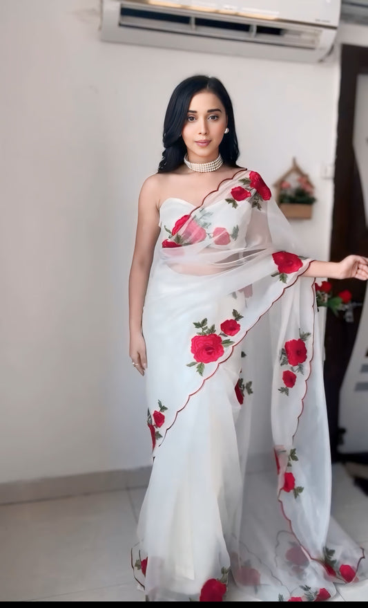 Rose Blossom Organza Ready-to-Wear Saree with Unstitched Blouse