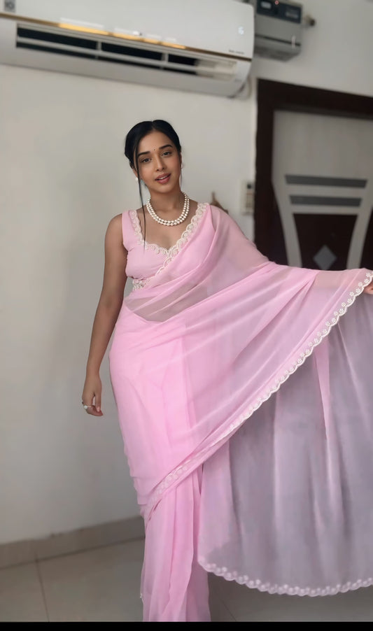 Blush Pearl Ready-to-Wear Georgette Saree with Unstitched Blouse
