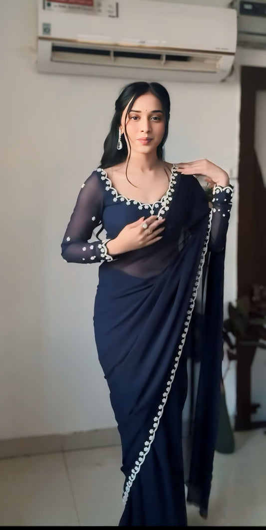 Midnight Bloom Ready-to-Wear Georgette Saree with Unstitched Blouse