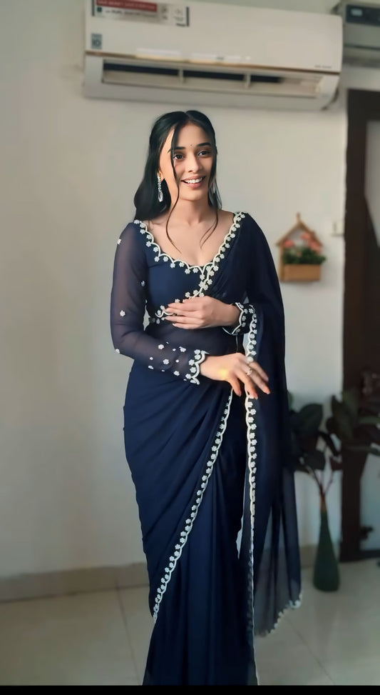 Midnight Bloom Ready-to-Wear Georgette Saree with Unstitched Blouse