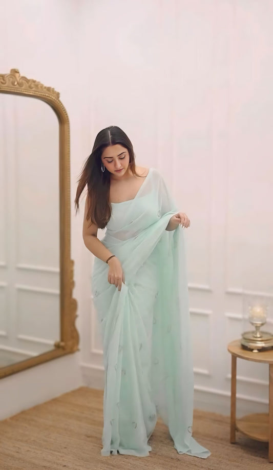 Mint Mist Ready-to-Wear Saree with Sequin Detailing & Stitched Designer Blouse
