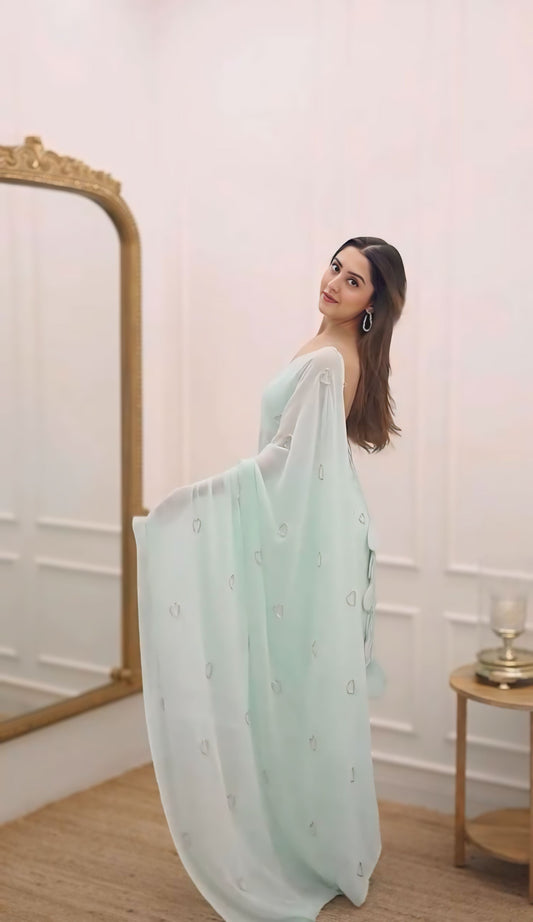 Mint Mist Ready-to-Wear Saree with Sequin Detailing & Stitched Designer Blouse