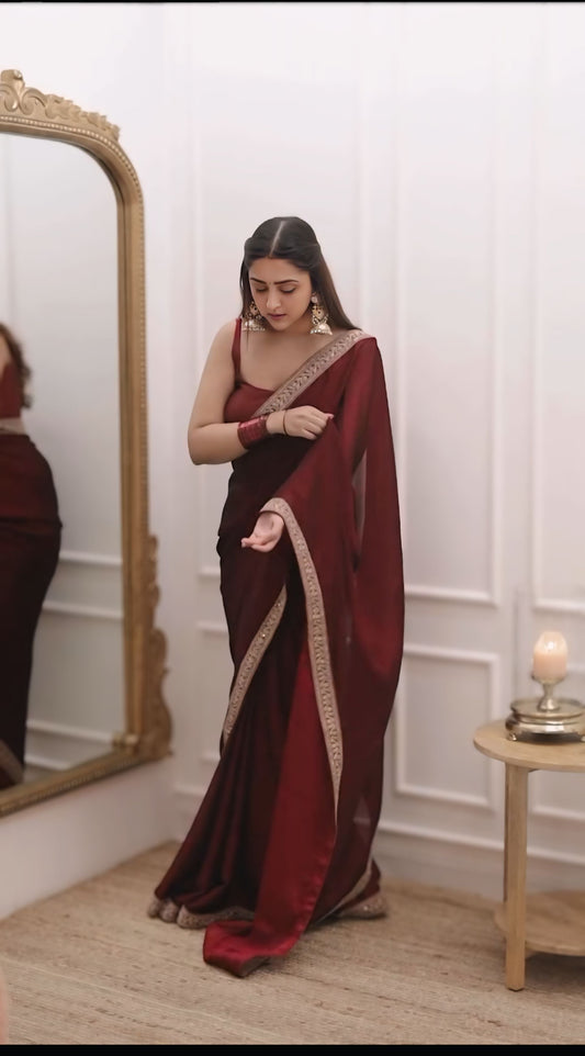 Royal Merlot Ready-to-Wear Saree with Stitched Designer Blouse