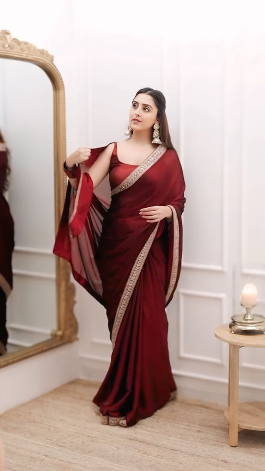 Royal Merlot Ready-to-Wear Saree with Stitched Designer Blouse