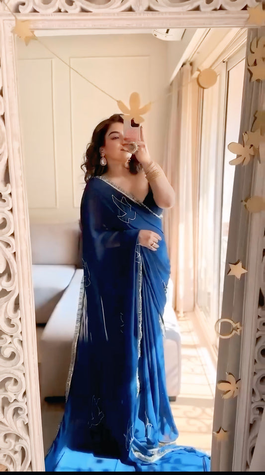 Midnight Sapphire Ready-to-Wear Saree with Stitched Designer Blouse