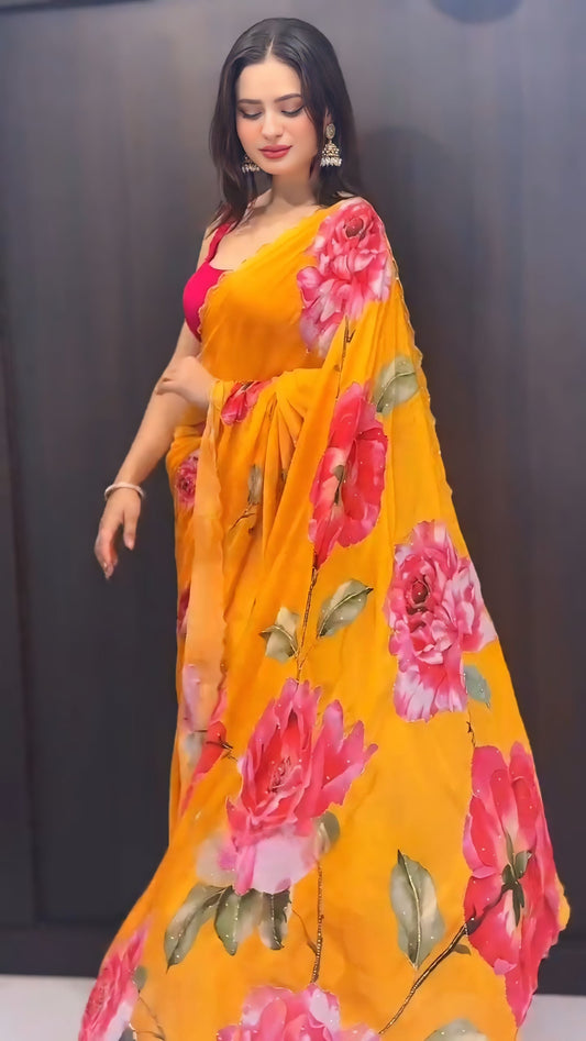 Sunflower Bloom Ready-to-Wear Georgette Saree with Unstitched Blouse