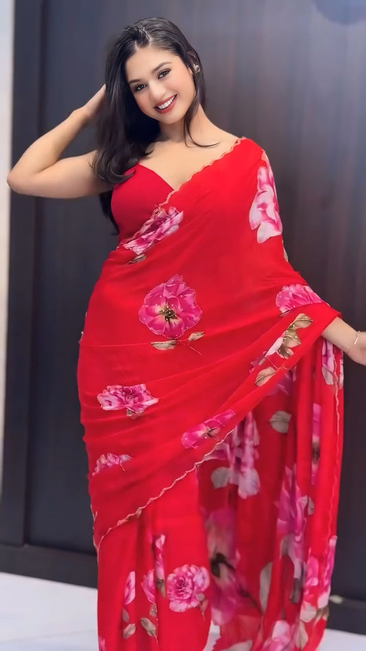 Scarlet Rose Bloom Ready-to-Wear Georgette Saree with Unstitched Blouse