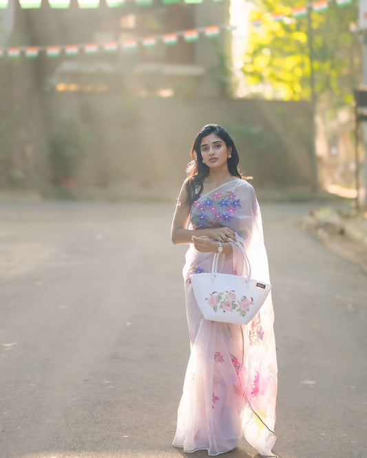 Lavender Blossom Organza Ready-to-Wear Saree with Unstitched Blouse