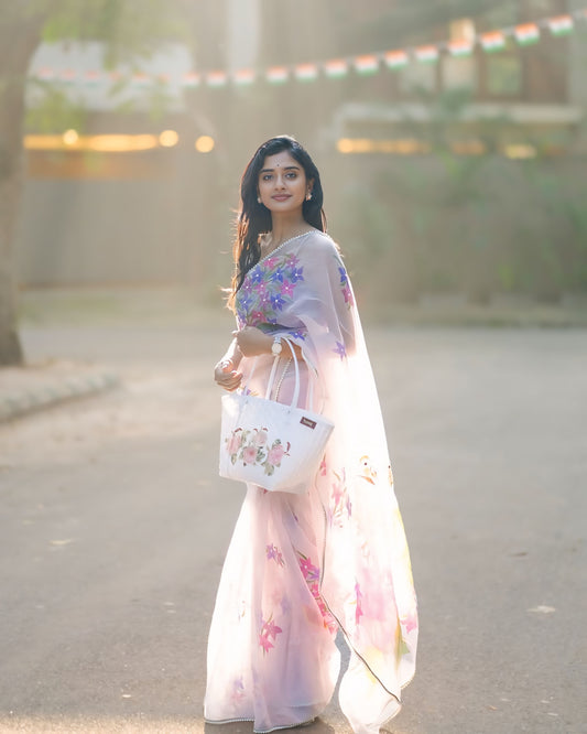 Lavender Blossom Organza Ready-to-Wear Saree with Unstitched Blouse