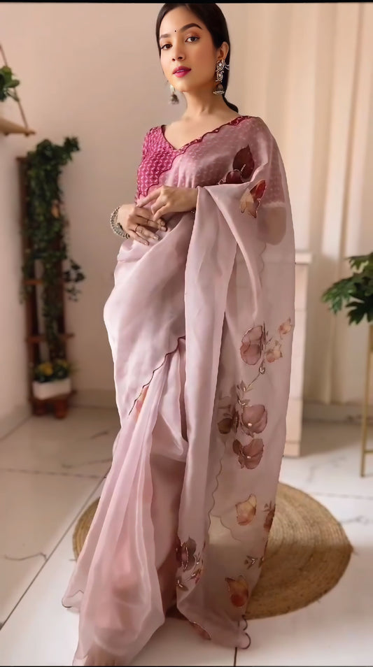 Mauve Rose Organza Ready-to-Wear Saree with Unstitched Blouse