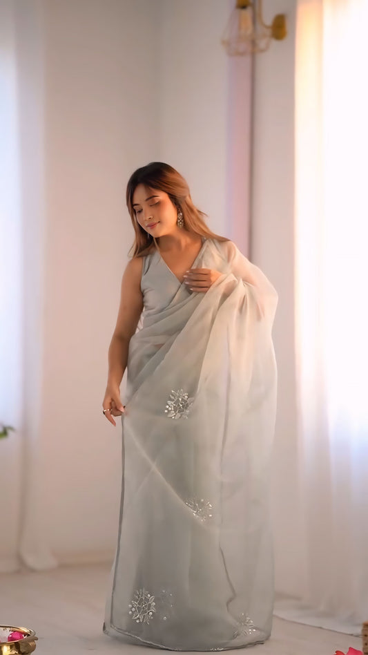 Luxury Ice Blue Organza Saree with Stitched Designer Blouse