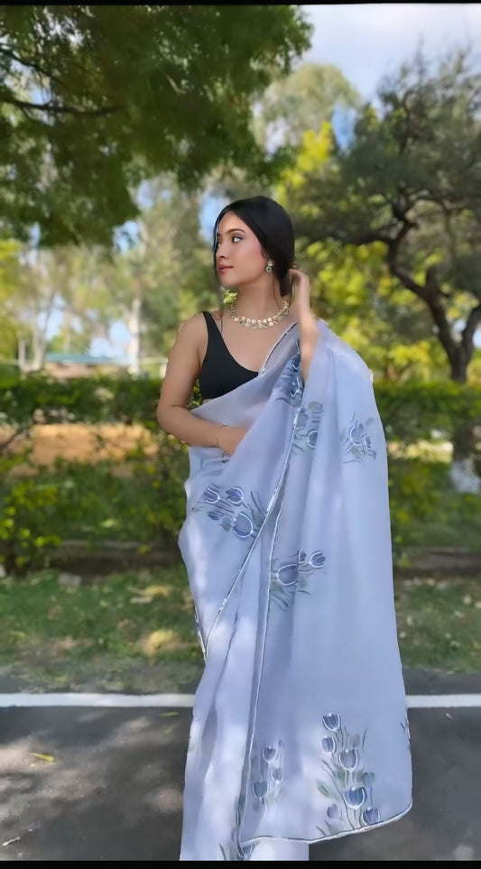 Misty Blue Blossom Organza Saree with Unstitched Blouse