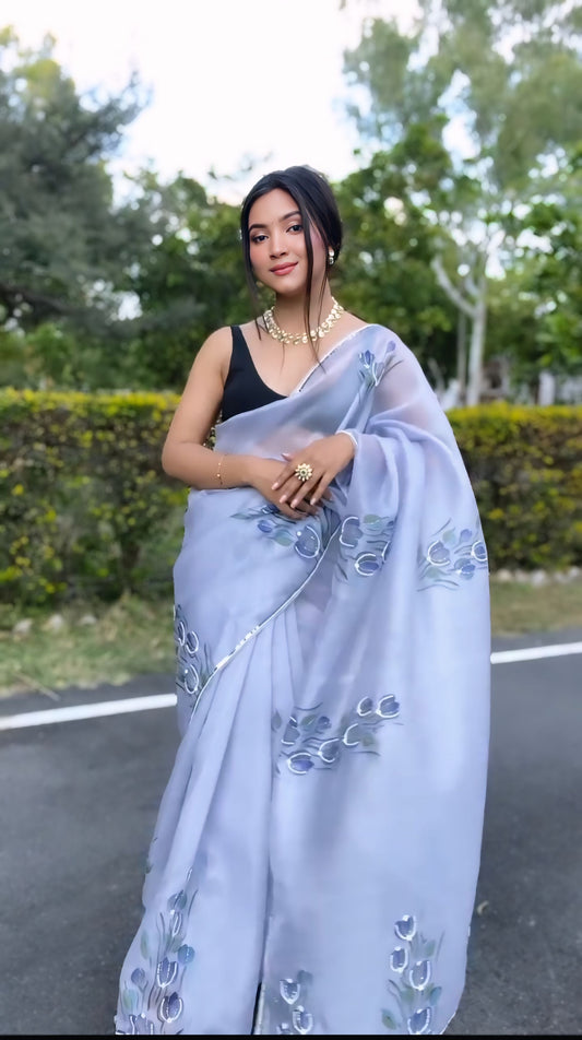 Misty Blue Blossom Organza Saree with Unstitched Blouse