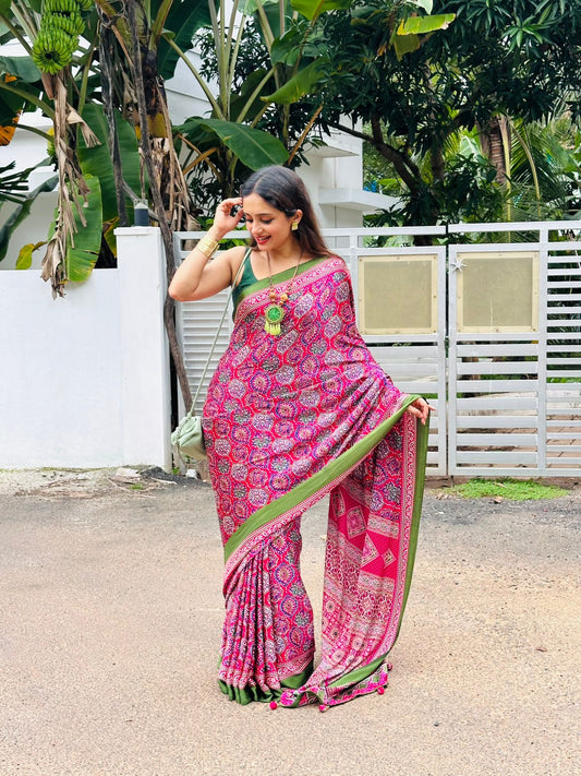 Rani Pink Heritage Ready-to-Wear Crepe Silk Saree with Olive Green Border
