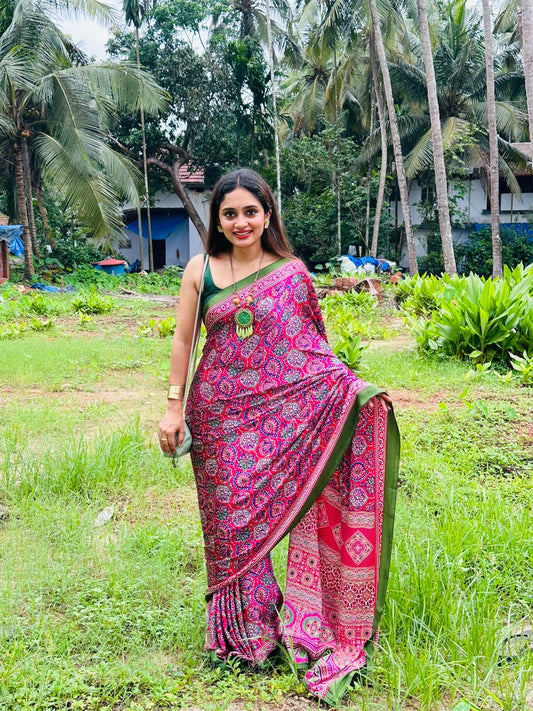 Rani Pink Heritage Ready-to-Wear Crepe Silk Saree with Olive Green Border
