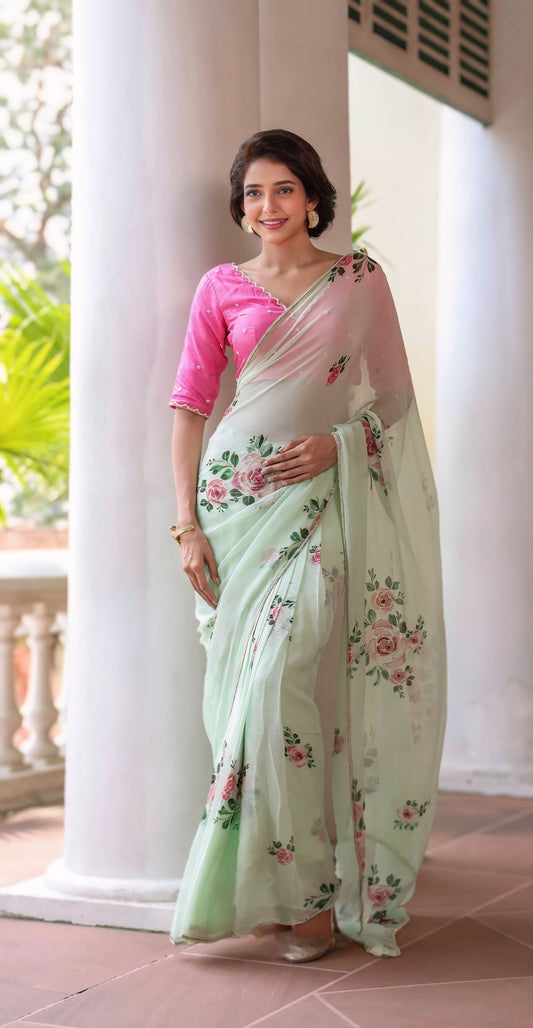 Luxury Mint Blossom Organza Saree with Ready-to-Wear Stitched Designer Blouse