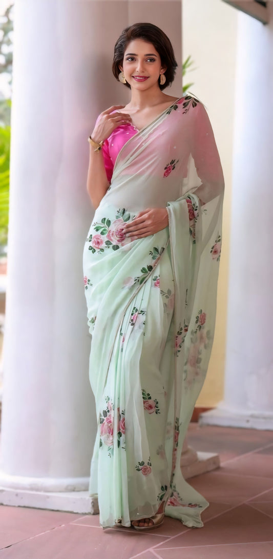 Luxury Mint Blossom Organza Saree with Ready-to-Wear Stitched Designer Blouse