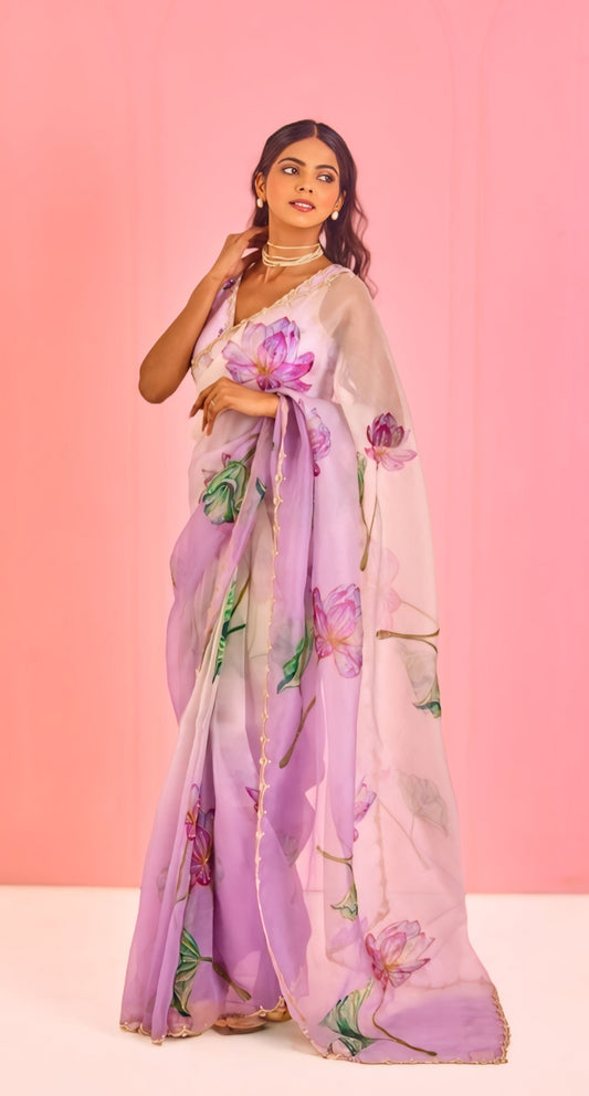 Luxury Lavender Lotus Bloom Organza Saree with Ready-to-Wear Stitched Floral Blouse