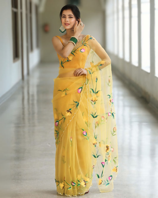 Golden Meadow Bloom Organza Saree with Unstitched Blouse