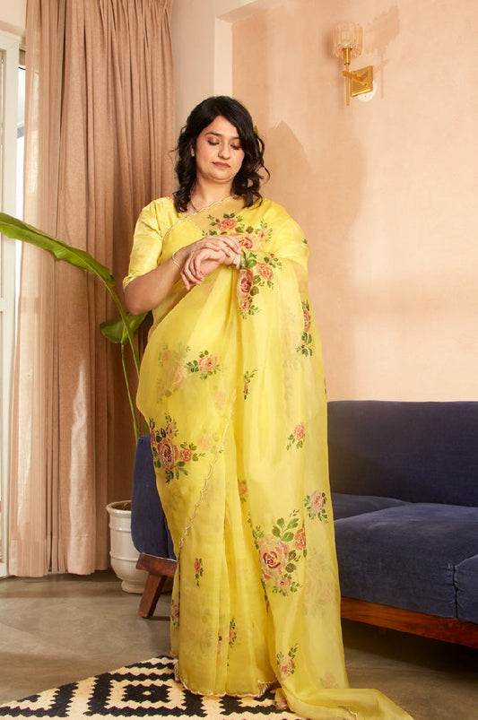 Luxury Sunshine Rose Organza Saree with Ready-to-Wear Stitched Designer Blouse