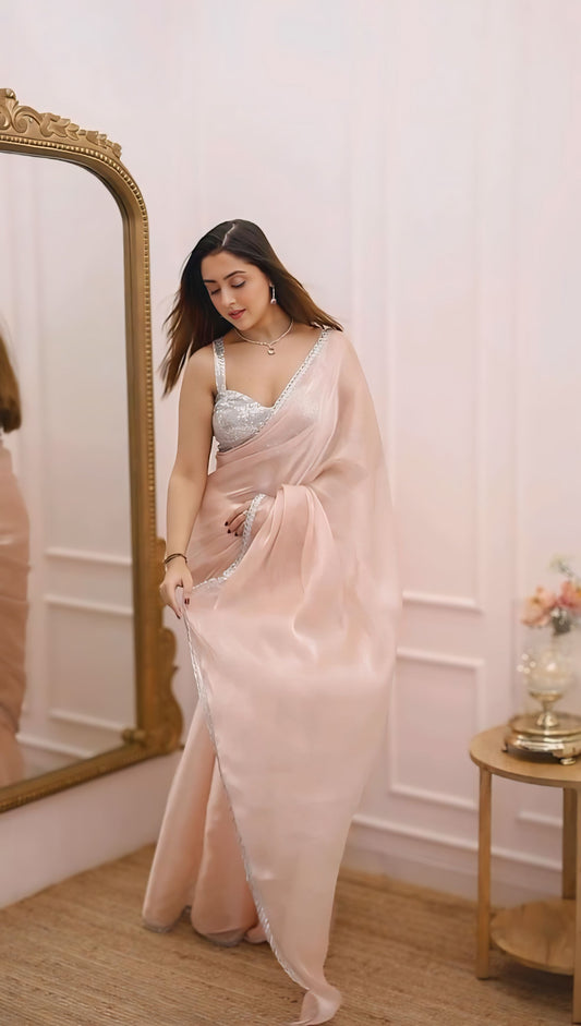 Luxury Blush Pink Organza Saree with Sequin Embellishments & Designer Stitched Blouse