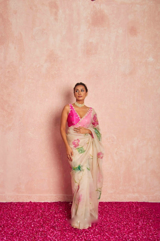 Blush Pink Organza Ready-to-Wear Saree with Floral Embroidered Designer Blouse