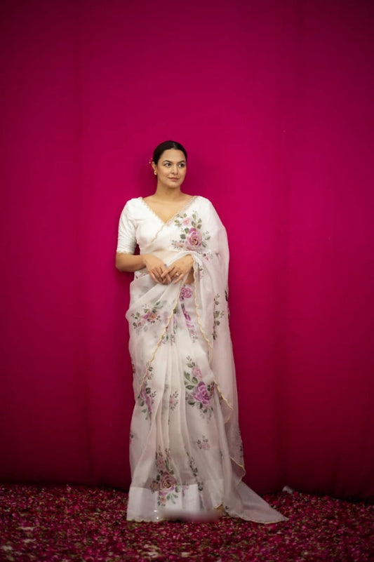 Ivory Bloom Organza Ready-to-Wear Saree with Floral Embroidered Designer Blouse