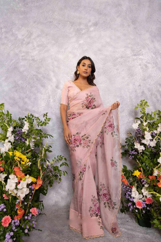 Blush Rose Organza Ready-to-Wear Saree with Floral Embroidered Designer Blouse
