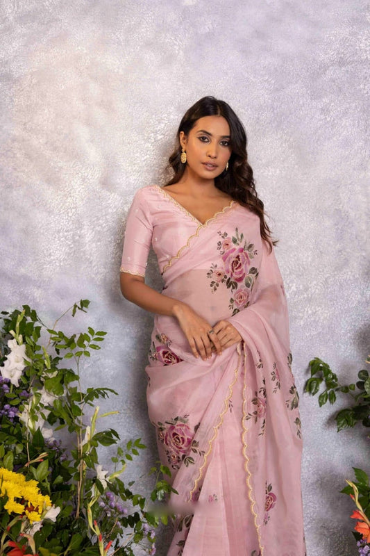Blush Rose Organza Ready-to-Wear Saree with Floral Embroidered Designer Blouse