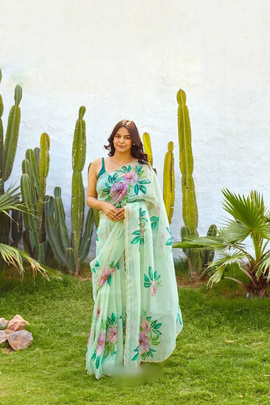 Mint Blossom Organza Ready-to-Wear Saree with Unstitched Blouse