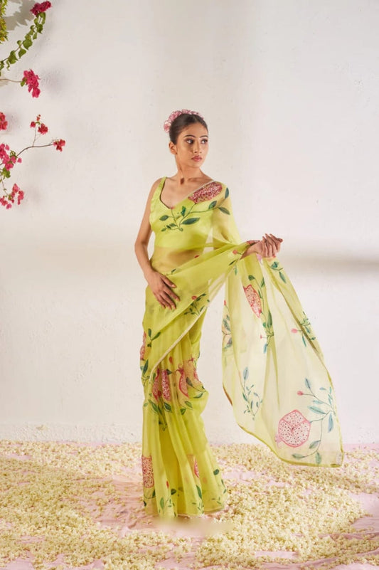 Lime Blossom Organza Ready-to-Wear Saree with Hand-Painted Floral Designer Blouse