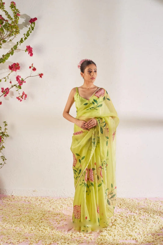 Lime Blossom Organza Ready-to-Wear Saree with Hand-Painted Floral Designer Blouse