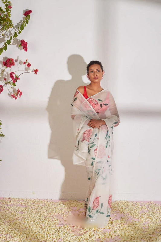 Ivory Bloom Organza Ready-to-Wear Saree with Botanical Pomegranate Print