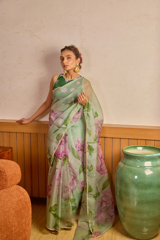 Mint Bloom Ready-to-Wear Saree with Floral Print & Stitched Designer Blouse