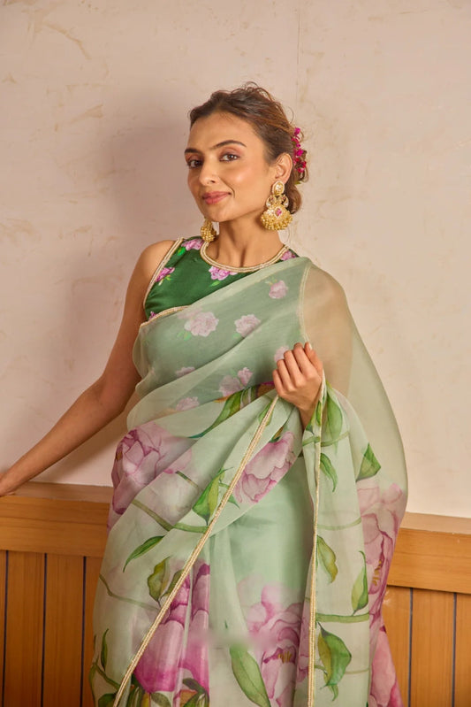 Mint Bloom Ready-to-Wear Saree with Floral Print & Stitched Designer Blouse