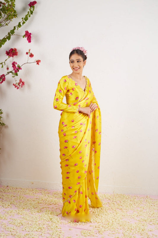 Sunlit Lotus Luxe Ready-to-Wear Saree with Stitched Designer Blouse