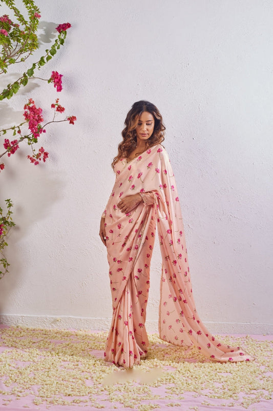Blush Petal Bloom Ready-to-Wear Saree with Stitched Designer Blouse