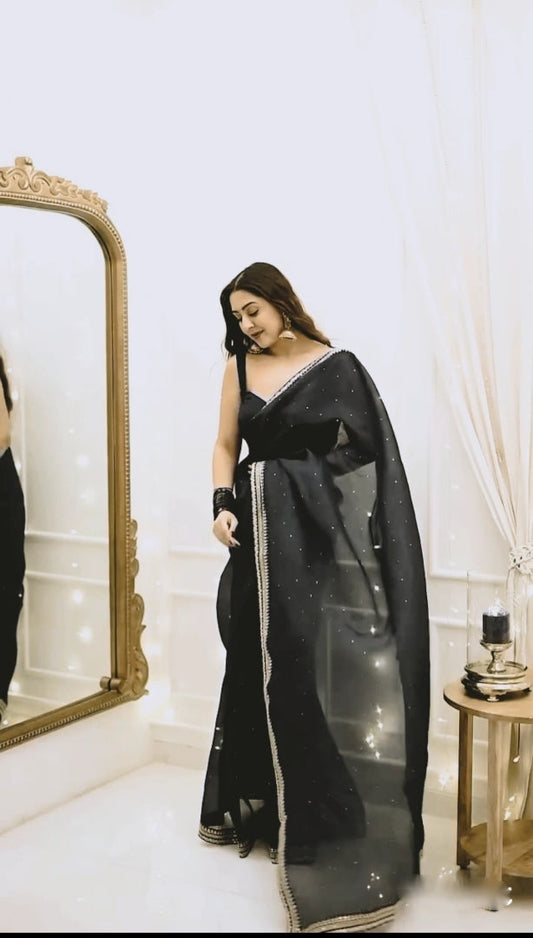 Midnight Black Ready-to-Wear Saree with Crystal Embellished Designer Border