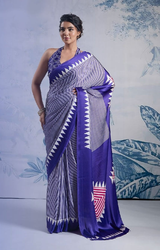 Regal Indigo Ready-to-Wear Crepe Silk Saree with Contemporary Geometric Print